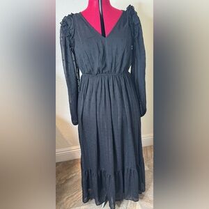 August Sky Black Long Sleeve Maxi Dress with Ruffle Shoulder Detail – Size M